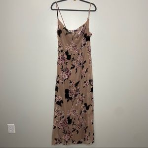 Lulu's Beige Floral Slip Dress with Pink & Black Accents